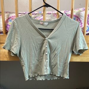 ROMWE Green Ribbed Button down Crop Top